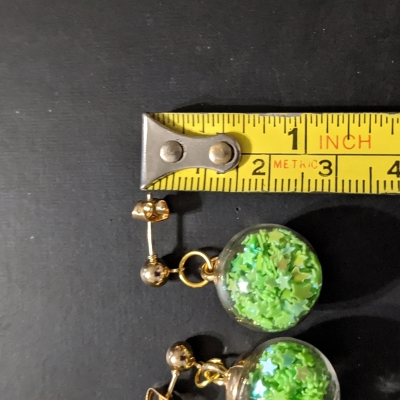 Gold Tone Light Green Star Filled Balls Dangle Statement Earrings - Picture 2 of 2